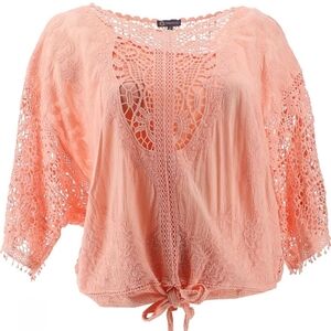 Democracy Crochet Floral Boho Peasant Summer Salmon Pink Top Sz XS (Oversized)